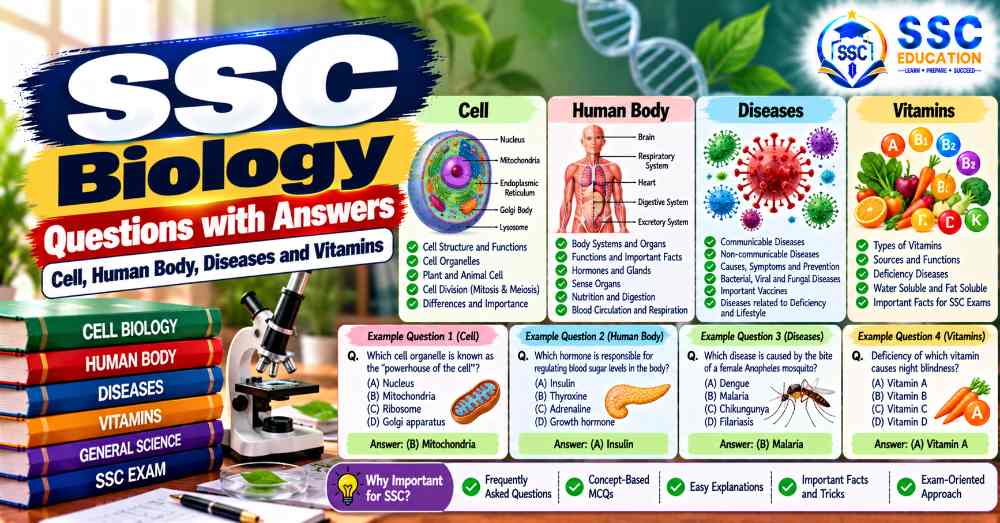 SSC Biology Questions with Answers: Cell, Human Body, Diseases and Vitamins